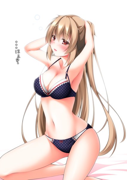 Anime picture 752x1062 with kantai collection murasame destroyer narukami ginryuu single long hair tall image blush open mouth light erotic red eyes brown hair looking away underwear only groin girl navel underwear panties lingerie bra