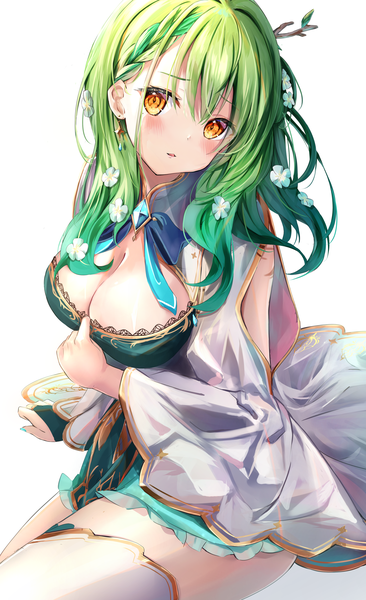 Anime picture 2826x4628 with virtual youtuber hololive hololive english ceres fauna ceres fauna (1st costume) mihasu single long hair tall image looking at viewer blush highres breasts light erotic simple background large breasts white background cleavage head tilt green hair