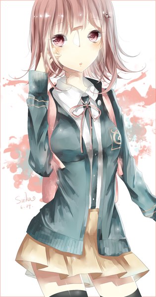 Anime picture 1000x1900 with dangan ronpa super dangan ronpa 2 nanami chiaki suika daze single tall image looking at viewer blush short hair breasts open mouth standing pink hair pleated skirt pink eyes open clothes open jacket girl thighhighs skirt