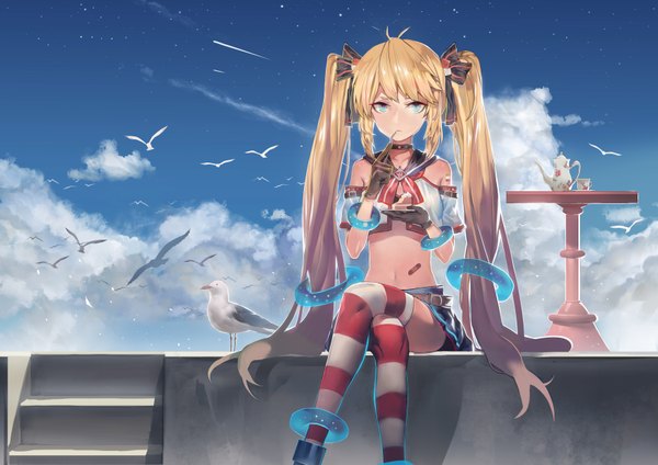 Anime picture 3507x2480 with original wasd single looking at viewer fringe highres blue eyes blonde hair sitting twintails bare shoulders holding payot absurdres cloud (clouds) ahoge bent knee (knees) very long hair open clothes bare belly