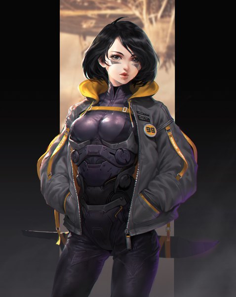 Anime-Bild 2390x3000 mit battle angel alita gally san mufan single tall image looking at viewer fringe highres short hair black hair standing lips black eyes realistic open jacket facial mark hands in pockets girl weapon sword