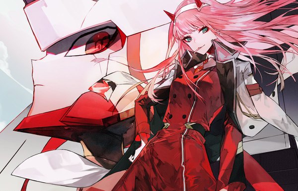 Anime picture 1200x773 with darling in the franxx studio trigger zero two (darling in the franxx) strelizia mo (mocopo) single long hair fringe standing green eyes looking away pink hair blunt bangs horn (horns) wind hand on hip clothes on shoulders military girl uniform