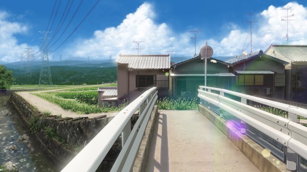 Anime picture 1280x720 with isai shizuka wide image sky cloud (clouds) landscape plant (plants) water grass bridge power lines