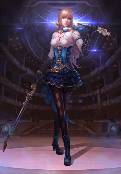 Anime picture 1000x1438 with original puzzle001 single long hair tall image blue eyes blonde hair standing looking away shadow light girl thighhighs dress gloves pendant violin bow (instrument)