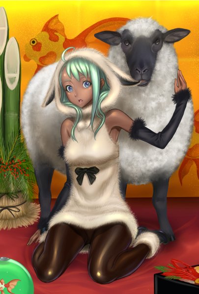 Аниме картинка 827x1224 с оригинальное изображение kyodairobo длинные волосы высокое изображение смотрит на зрителя открытый рот голубые глаза зелёные волосы девушка отдельные рукава животное колготки колготки (чёрные) кадомацу