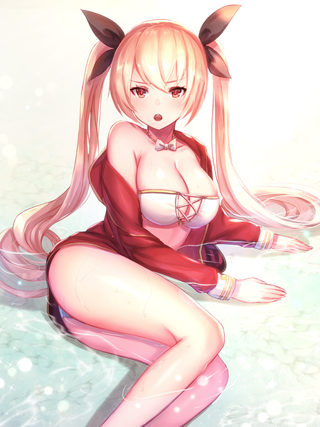 Anime picture 800x1067 with azur lane nelson (azur lane) dolce (dolsuke) single long hair tall image looking at viewer blush fringe breasts open mouth light erotic blonde hair hair between eyes red eyes large breasts twintails cleavage ass off shoulder