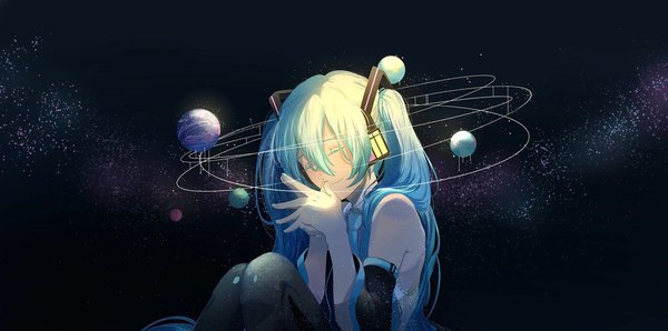 Anime picture 2048x1017 with vocaloid hatsune miku ludou maomao single long hair fringe highres smile hair between eyes wide image twintails bent knee (knees) eyes closed aqua hair space fingers together girl detached sleeves headphones planet