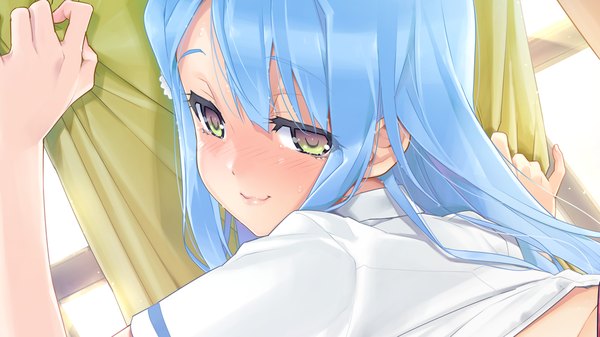Аниме картинка 1280x720 с bishoujo mangekyou (game) omega star sawatari shizuku happoubi jin длинные волосы румянец широкое изображение жёлтые глаза синие волосы game cg девушка