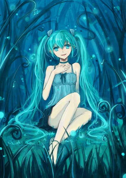 Anime picture 1654x2331 with vocaloid hatsune miku fanany single tall image smile sitting twintails bare shoulders very long hair aqua eyes aqua hair music girl skirt plant (plants)