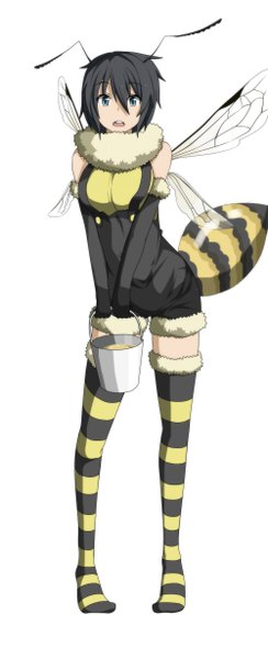 Anime picture 1000x2451 with galois (trex9704) single tall image short hair open mouth blue eyes black hair white background bare shoulders insect wings girl thighhighs gloves wings elbow gloves striped thighhighs bucket honey bee