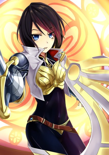 Anime picture 2480x3507 with league of legends fiora (league of legends) otaku (pixiv id4162402) single tall image looking at viewer highres short hair blue eyes black hair multicolored hair girl weapon armor cloak epee