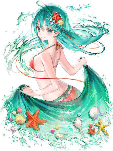 Anime picture 674x900 with original dsmile single long hair tall image looking at viewer blush fringe breasts light erotic smile hair between eyes standing white background holding ahoge braid (braids) aqua eyes pointy ears aqua hair