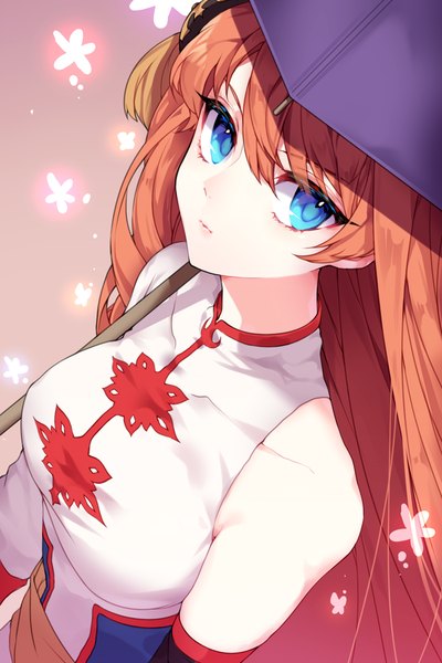 Anime picture 600x900 with gintama sunrise (studio) kagura (gintama) harin 0 single long hair tall image fringe blue eyes hair between eyes bare shoulders looking away traditional clothes from above orange hair hair bun (hair buns) chinese clothes girl umbrella flower (symbol)
