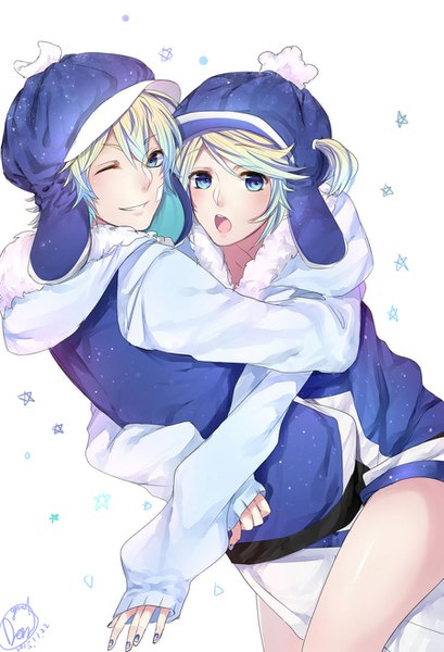 Anime picture 900x1320 with vocaloid kagamine rin kagamine len na yeon tall image looking at viewer blush fringe short hair open mouth blue eyes simple background blonde hair smile hair between eyes white background signed nail polish one eye closed wink