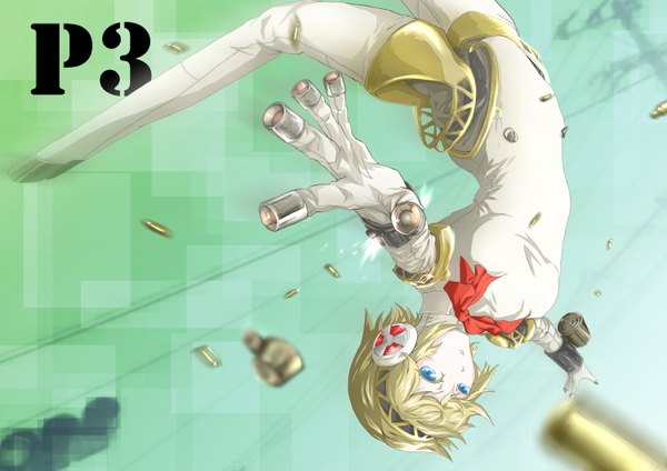 Anime picture 1500x1060 with persona 3 shin megami tensei persona aegis s040784 (artist) single short hair blue eyes blonde hair spread arms upside down girl headphones android shell casing