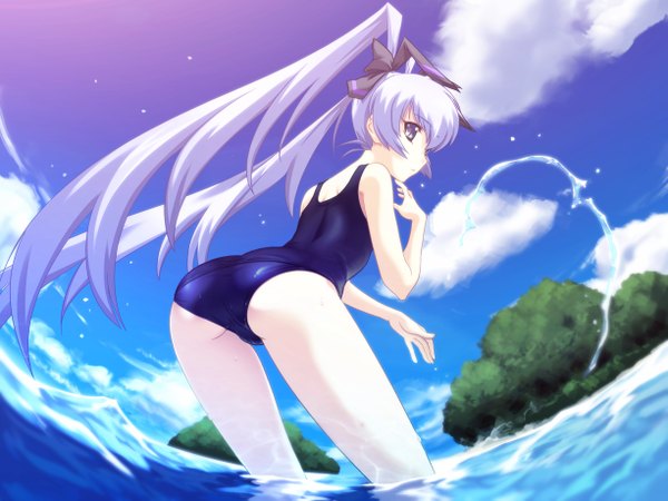 Anime picture 2450x1838 with muv-luv yashiro kasumi single long hair highres blue eyes light erotic twintails silver hair ass looking back from behind girl swimsuit water one-piece swimsuit school swimsuit splashes