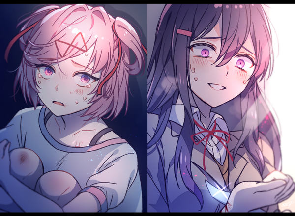 Anime picture 900x660 with doki doki literature club yuri (doki doki literature club) natsuki (doki doki literature club) aicedrop long hair blush fringe short hair open mouth simple background smile hair between eyes sitting purple eyes multiple girls payot pink hair purple hair upper body bent knee (knees)