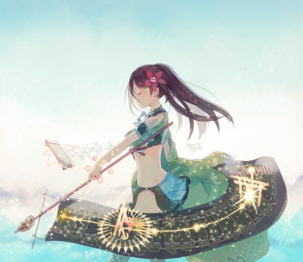 Anime picture 1737x1500 with kantai collection amagi (kantai collection) namiri single long hair fringe highres breasts brown hair standing holding ponytail eyes closed profile pleated skirt hair flower bare belly short sleeves gradient background bare back