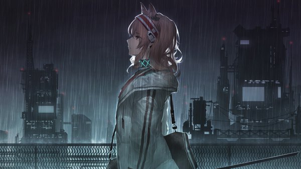 Anime picture 2560x1440 with arknights angelina (arknights) crazycola single fringe highres short hair hair between eyes brown hair wide image standing twintails brown eyes animal ears looking away outdoors profile night city rain