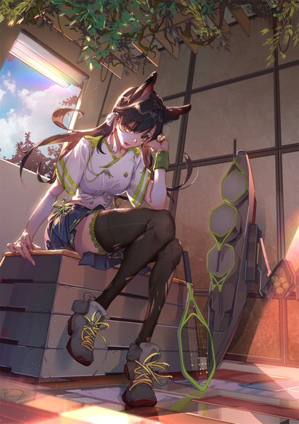Anime picture 1500x2121 with azur lane atago (azur lane) yuzibushijiang single long hair tall image looking at viewer fringe open mouth brown hair sitting animal ears yellow eyes sky cloud (clouds) full body bent knee (knees) indoors pleated skirt sunlight