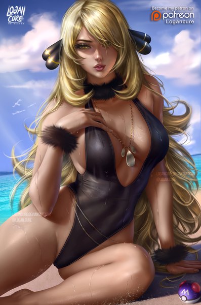 Anime picture 1500x2263 with pokemon pokemon dppt nintendo cynthia (pokemon) wingull logan cure single long hair tall image looking at viewer fringe breasts light erotic blonde hair large breasts sitting bare shoulders signed yellow eyes sky
