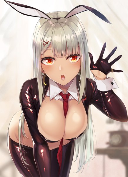 Anime picture 1200x1653 with original koikeya single long hair tall image looking at viewer blush fringe breasts open mouth light erotic red eyes large breasts standing animal ears payot silver hair indoors arm up blurry