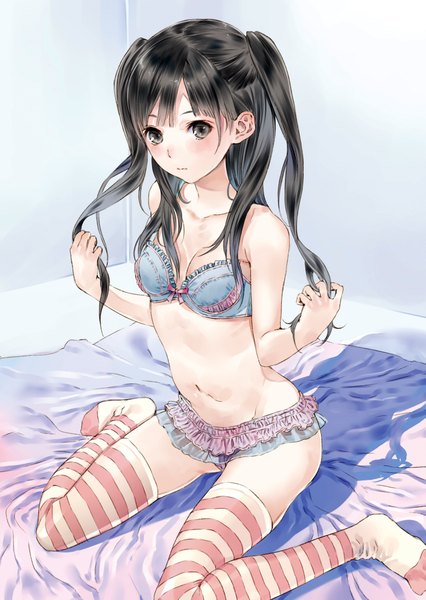 Anime picture 2965x4175 with original kishida mel long hair tall image blush highres light erotic black hair simple background twintails black eyes midriff underwear only girl thighhighs navel underwear panties striped thighhighs