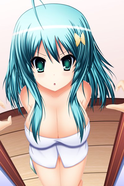 Anime picture 3000x4500 with original toyokawa itsuki (p mayuhime) single long hair tall image blush highres breasts light erotic large breasts bare shoulders blue hair aqua eyes naked towel girl hair ornament hairclip towel butterfly hair ornament