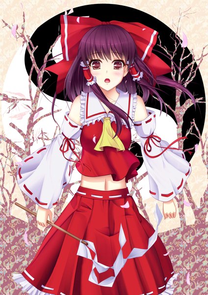 Anime picture 2893x4092 with touhou hakurei reimu rayxray single long hair tall image blush highres open mouth red eyes purple hair miko girl skirt bow hair bow detached sleeves miniskirt petals skirt set