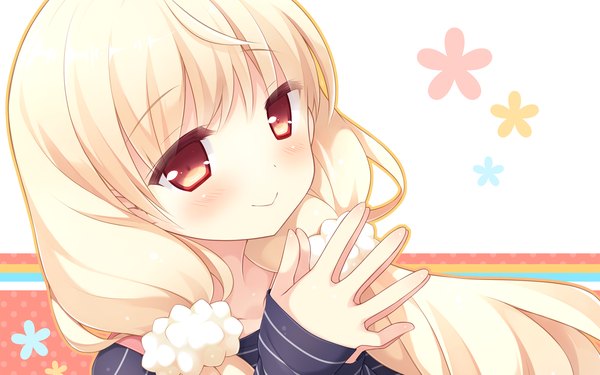 Anime picture 1920x1200 with cafe sourire cuffs (studio) ogiwara kyouko suimya single long hair looking at viewer blush highres blonde hair smile red eyes twintails low twintails hands clasped girl flower (symbol)