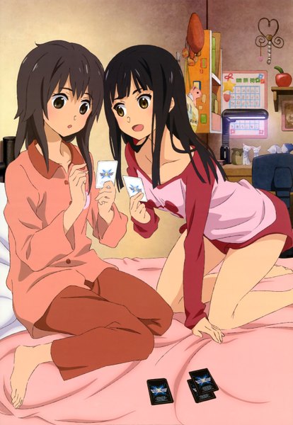 Anime picture 4083x5916 with selector infected wixoss j.c. staff nyantype kominato ruuko kurebayashi yuzuki long hair tall image highres open mouth black hair multiple girls brown eyes absurdres barefoot official art girl 2 girls card (cards) pajamas