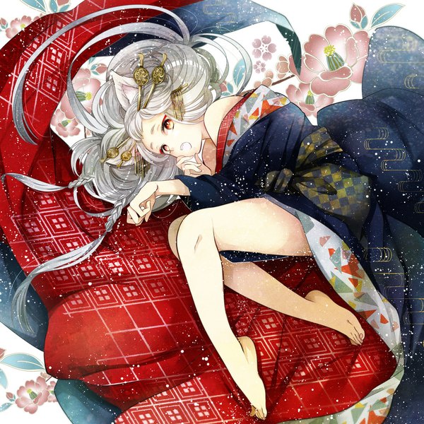 Anime picture 1092x1092 with original kanasuke single open mouth red eyes animal ears silver hair very long hair traditional clothes barefoot bare legs girl hair ornament flower (flowers)