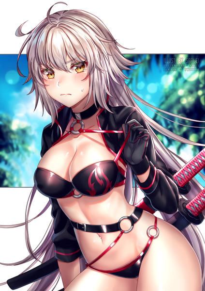 Anime picture 800x1131 with fate (series) fate/grand order jeanne d'arc (fate) (all) jeanne d'arc alter (fate) jeanne d'arc alter (swimsuit berserker) (fate) saruei single long hair tall image looking at viewer blush fringe breasts light erotic hair between eyes standing signed yellow eyes sky cleavage