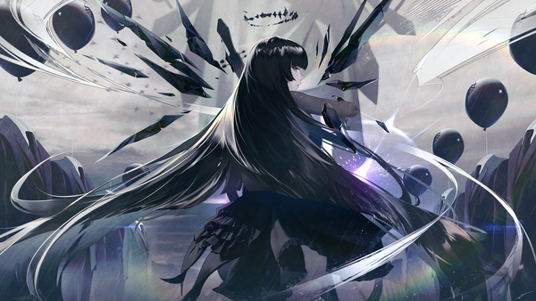 Anime picture 3840x2160 with arknights ambience synesthesia virtuosa (arknights) xi-u single long hair looking at viewer fringe highres black hair wide image absurdres blunt bangs profile from behind black eyes girl halo suit balloon