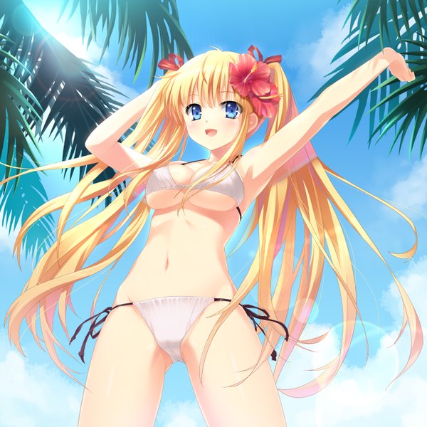 Anime picture 3000x3000 with original shoufukucho long hair looking at viewer highres breasts blue eyes light erotic blonde hair twintails sky cloud (clouds) hair flower girl navel hair ornament flower (flowers) swimsuit bikini