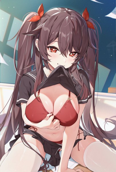 Anime picture 2699x4000 with genshin impact hu tao (genshin impact) houkisei single tall image looking at viewer blush fringe highres breasts light erotic smile hair between eyes red eyes brown hair large breasts sitting twintails holding payot