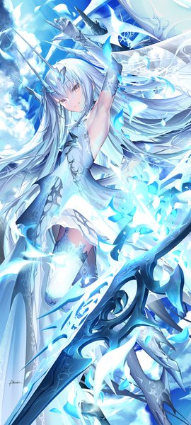 Anime picture 700x1554 with fate (series) fate/grand order melusine (fate) fairy knight lancelot (final ascension) (fate) kousaki rui single long hair tall image looking at viewer fringe hair between eyes signed silver hair parted lips arm up horn (horns) from below armpit (armpits) high heels girl