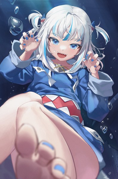Anime picture 3000x4549 with virtual youtuber hololive hololive english gawr gura gawr gura (1st costume) yo owl single long hair tall image looking at viewer highres open mouth blue eyes silver hair nail polish :d multicolored hair barefoot bare legs teeth
