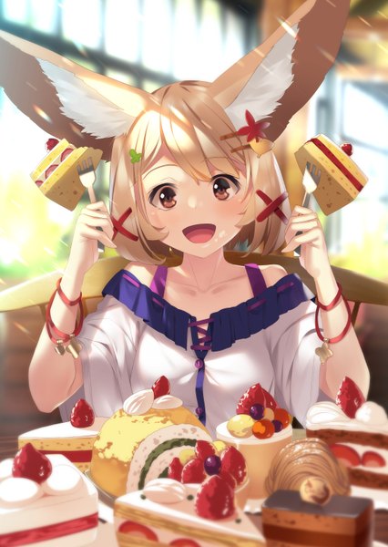 Anime picture 1100x1550 with original yuuji (yukimimi) single tall image looking at viewer blush fringe short hair open mouth blonde hair bare shoulders holding brown eyes animal ears upper body indoors :d off shoulder wide sleeves depth of field