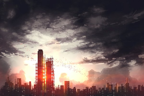 Anime picture 1000x667 with original yuumei sky cloud (clouds) sunlight city light cityscape flying animal window bird (birds) building (buildings)