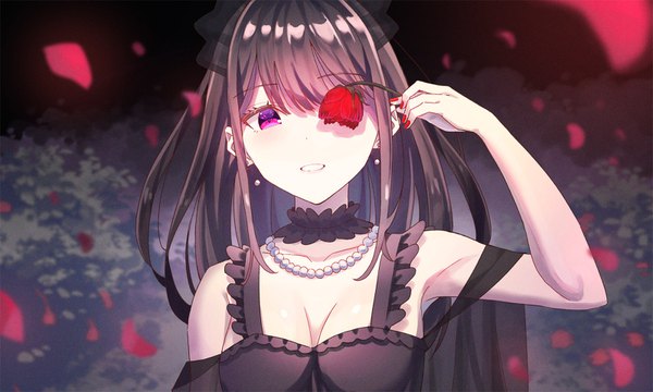 Anime picture 1600x960 with original koh rd single long hair looking at viewer blush fringe breasts black hair hair between eyes wide image purple eyes bare shoulders holding cleavage upper body nail polish parted lips arm up fingernails