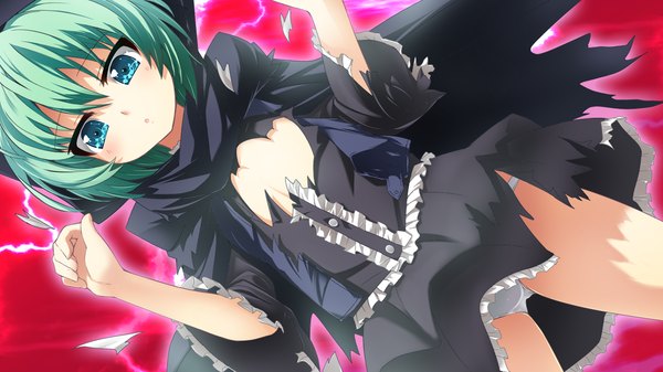 Anime picture 1280x720 with sangoku hime unicorn-a short hair blue eyes light erotic wide image game cg green hair pantyshot torn clothes girl