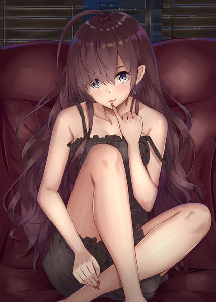 Anime picture 1036x1449 with idolmaster idolmaster cinderella girls ichinose shiki kanikou single long hair tall image looking at viewer blush fringe open mouth smile hair between eyes brown hair sitting bare shoulders ahoge bent knee (knees) nail polish fingernails