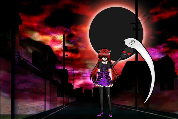 Anime picture 1492x1000 with original princisa single long hair highres short hair smile animal ears cloud (clouds) red hair cat ears angry girl dress bow weapon moon full moon skull scythe