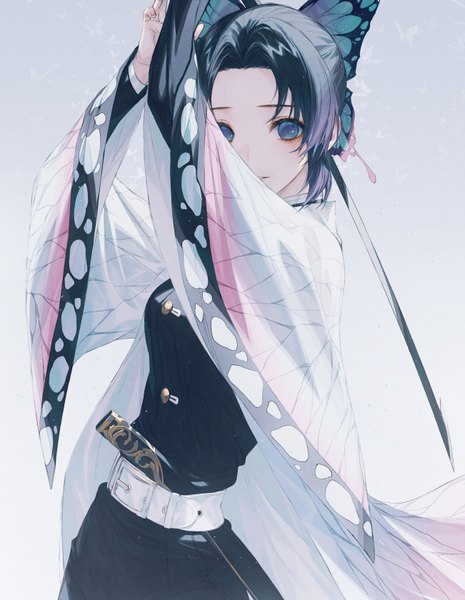 Anime picture 651x840 with kimetsu no yaiba ufotable kochou shinobu wanke single tall image looking at viewer fringe short hair breasts blue eyes black hair simple background standing holding payot upper body traditional clothes japanese clothes multicolored hair