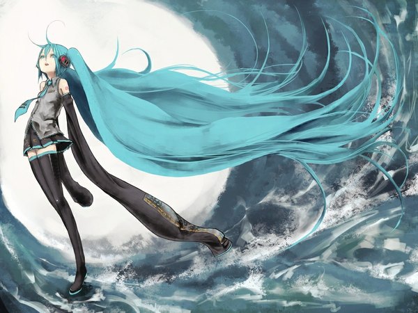 Anime picture 1024x768 with vocaloid hatsune miku yasushi long hair long sleeves very long hair waving girl water