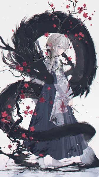 Anime picture 603x1075 with original renren single long hair tall image blue eyes standing signed looking away full body grey hair new year fantasy plum blossoms girl hair ornament flower (flowers) socks dragon kanzashi