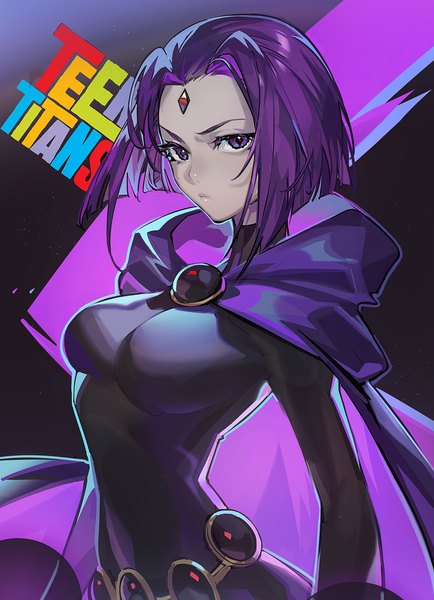 Anime picture 4290x5928 with teen titans raven (teen titans) mato-c single tall image looking at viewer highres short hair breasts standing purple eyes absurdres purple hair upper body long sleeves copyright name forehead mark grey skin annoyed girl