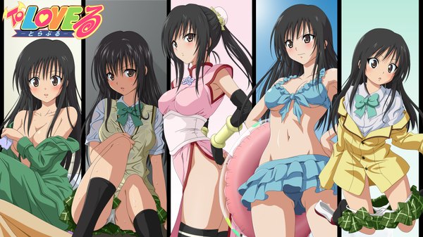 Anime picture 1920x1080 with toloveru xebec kotegawa yui long hair blush highres open mouth light erotic black hair wide image bare shoulders multiple girls brown eyes spread legs cameltoe multiview multiple persona column lineup girl navel