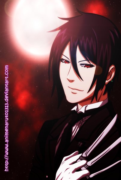 Anime picture 1000x1489 with kuroshitsuji a-1 pictures sebastian michaelis ifeergirl single tall image looking at viewer short hair black hair red eyes coloring red moon butler boy necktie suit